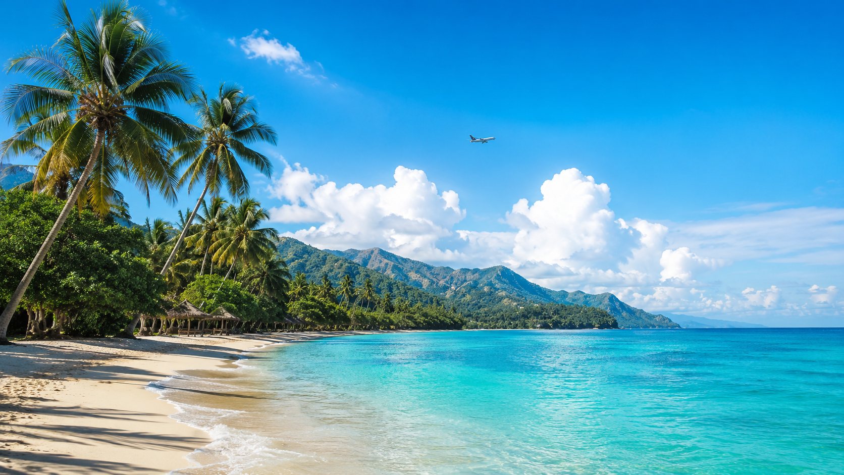 Paisagem tropical com praia, coqueiros e avião ao fundo